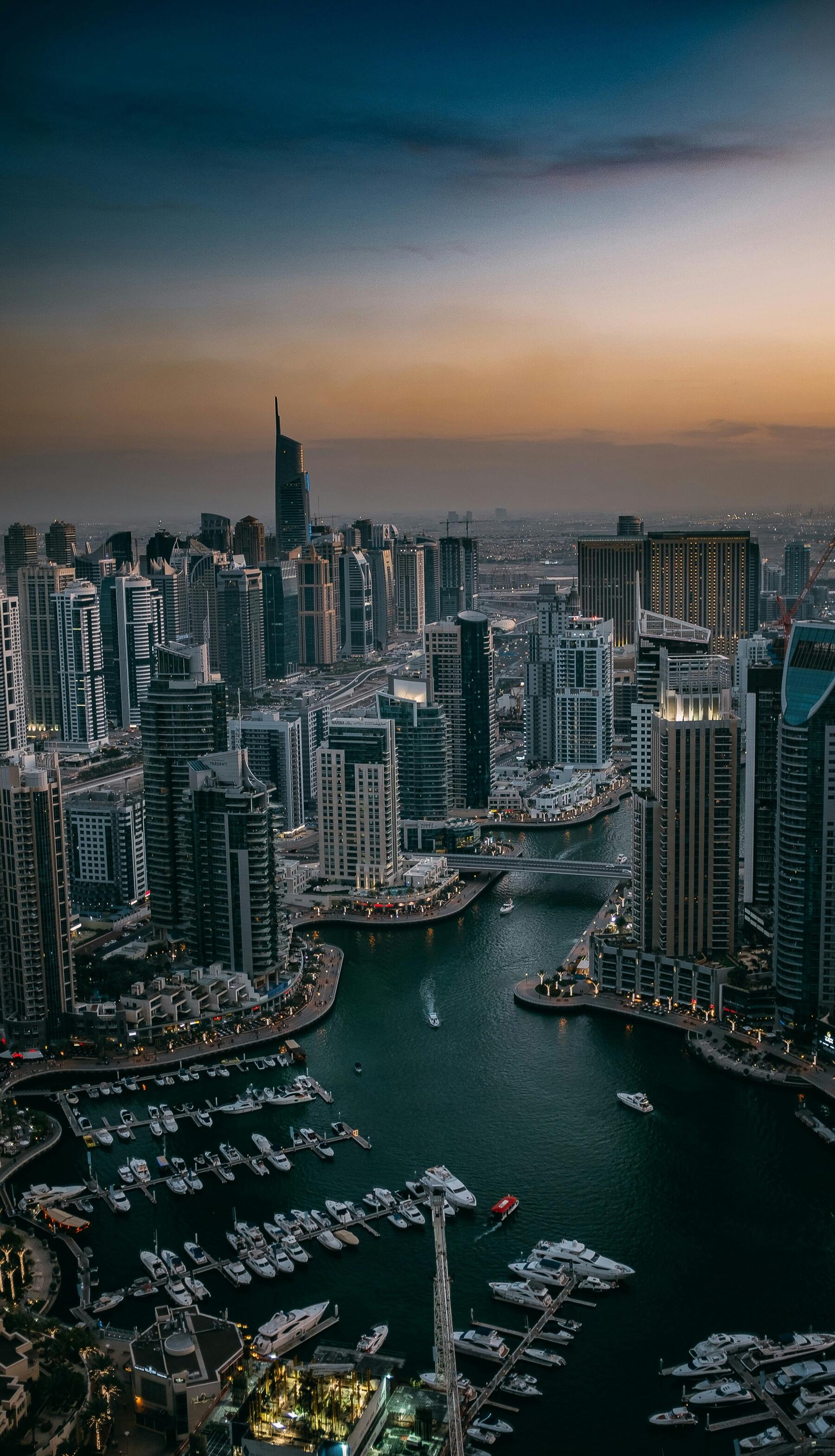 Dubai Marina skyline at sunset